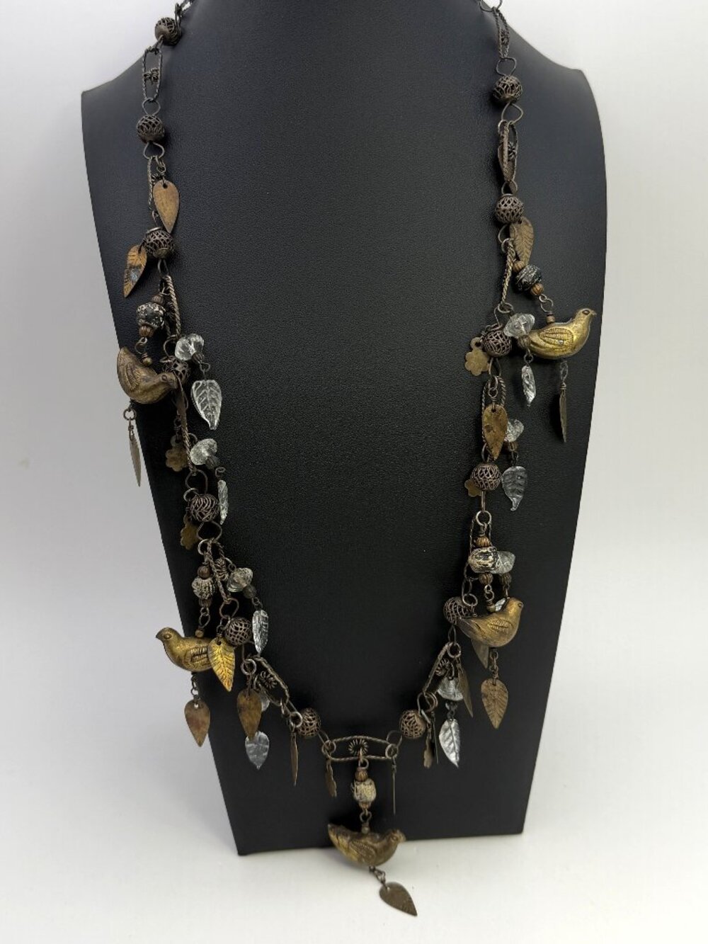Artisan Brass Bird Charm Necklace Clear Leaves Boho Folk Art